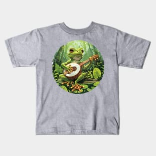 Goblincore Fungi Frog Playing His Banjo Flowers Frog Lover Kids T-Shirt